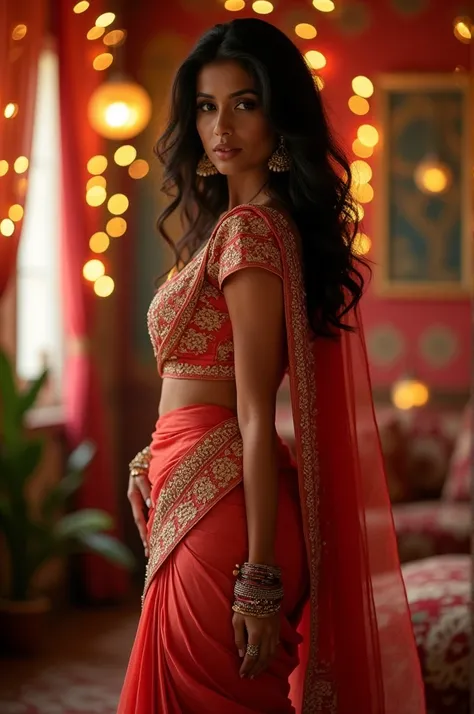 A indian sexy hot figure girl in saree , giving seductive looks