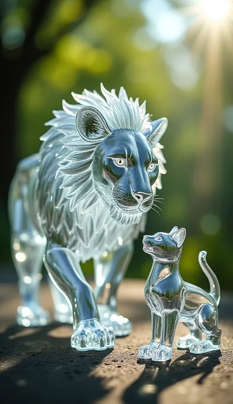  images of  beautiful 
transparent glass obstract lion and cat , lion moving towards cat in aggressive expression