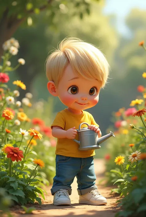 Two-year-old Disney-style boy with white skin, blonde straight hair, dark brown eyes, thin lips
Wearing a yellow shirt and jeans with white sneakers watering plants