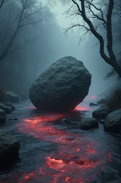 stone floating on a red and black river
