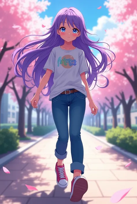 Girl with long wavy violet hair, his eyes are blue, wear casual clothes. anime style.