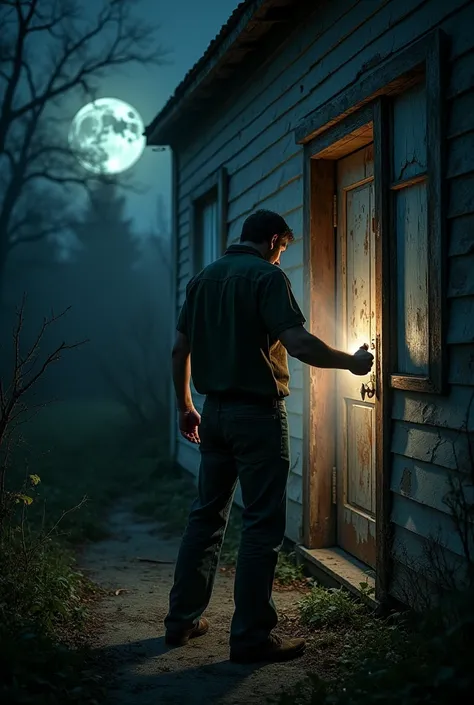 Create an image in the foreground of a man with one hand on the doorknob opening a door of an old, abandoned house at night, and in the other hand a flashlight.