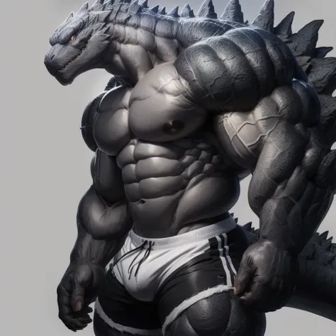 furry growth, hyper growth, hyper muscles, godzilla, shirtless, white shorts, muscular, on a gray background