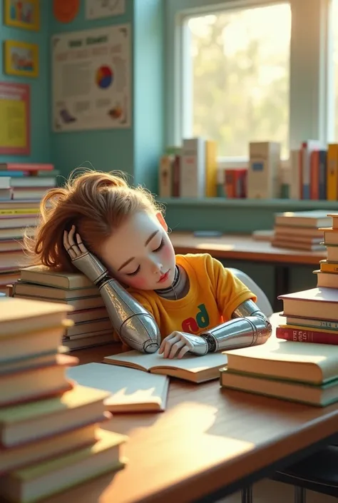 A beautiful robot girl wearing a shirt, sleeping among the prepared lesson books.