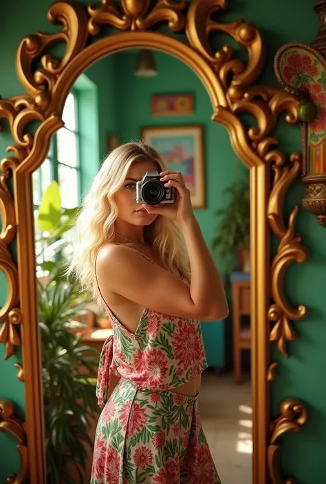 A Brazilian woman taking a photo in front of the mirror, size 1 brown eyed blonde,65