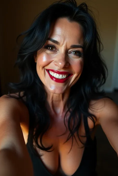 Dominatrix woman in her 60s, very thin white with many wrinkles, pose for selfie not Instagram, naked, sexy pose, smiling showing her teeth, heavy makeup long black and black hair looking at the camera, detailed photo, realistic lighting, High quality real...