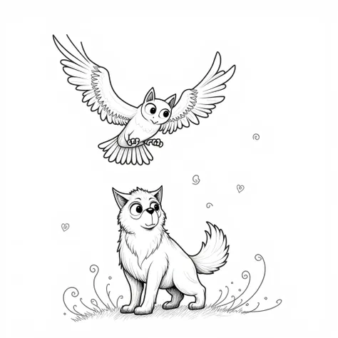 Owl flying around wolf. line drawing style for childrens coloring on white background