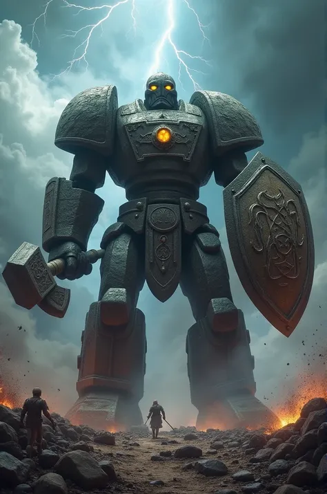 A warrior stone Golem with a war hammer, a battle axe and a light shield