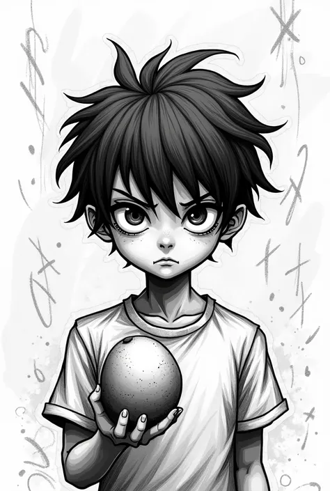 gloomy boy, mango, lines drawing scribble, black andwhite, looking at the camera, dark
