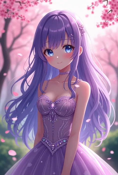 Girl with long wavy violet hair, his eyes are blue, wears fancy clothes. anime style.