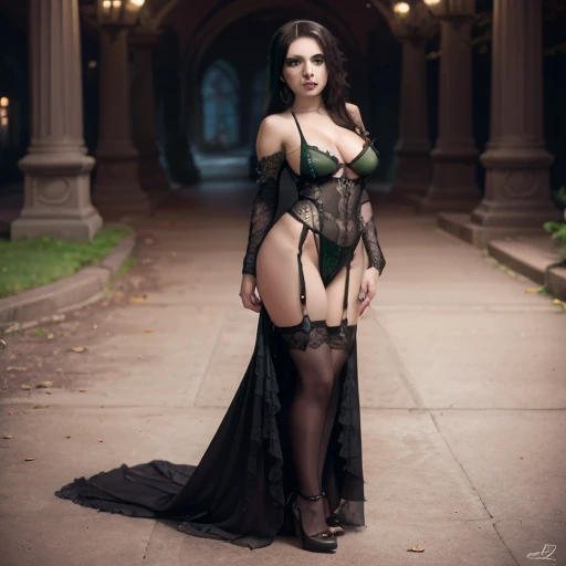 Beautiful girl , sexy busty, by the green wide,  full body portrait , NSFW , gothic makeup high resolution 12k , perfect detailed 