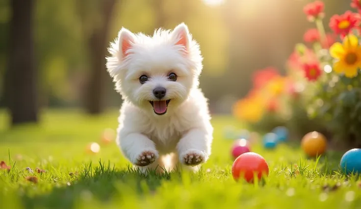 Small bichon frise dog playing with balls to the right of the image