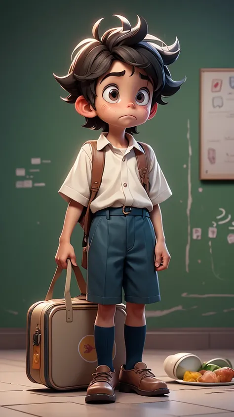 In the animated style of a disney pixar movie, In the corner of a bustling school cafeteria, a solitary boy gazes thoughtfully at his snack, disconnected from the laughter and chatter around him. The scene is captured in a vivid painting, portraying the bo...