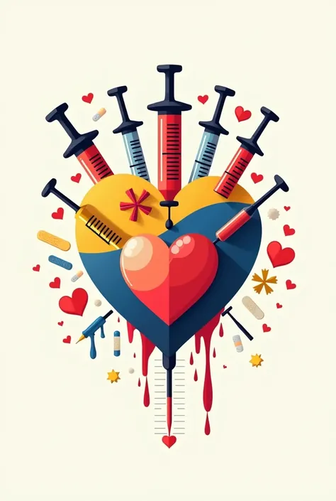 Logo for blood donation campaign in Colombia, with syringes, cures medical elements and hearts in flat style