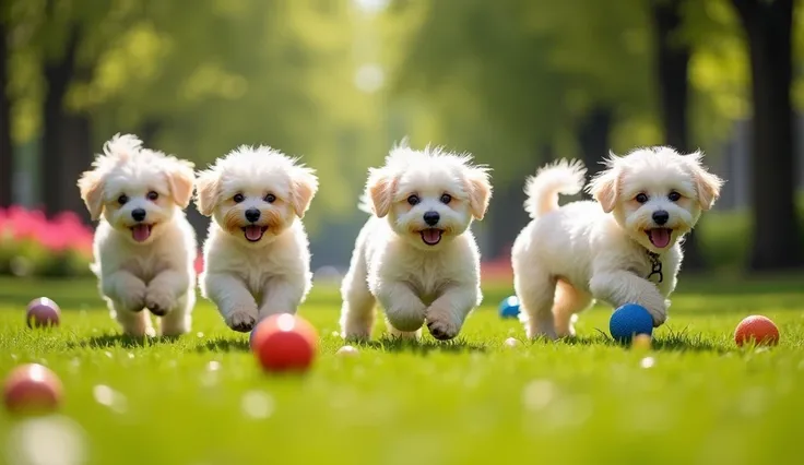 Small bichon frise dogs playing with balls to the right of the image