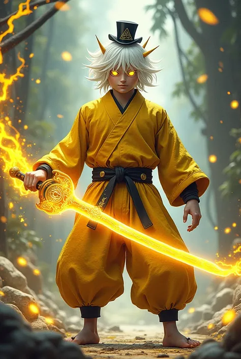 (Best quality ever) A  humanoid male character, he is muscular and wears bright yellowish and worn color Japanese fighting training clothes, he wears brown warrior boots, his skin is snow white, he has bright yellow eyes with the illuminati symbol in each ...