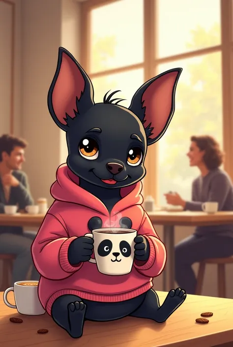 A cartoon of my black chihuahua dog with coffee wearing his pink sweater with panda head print
