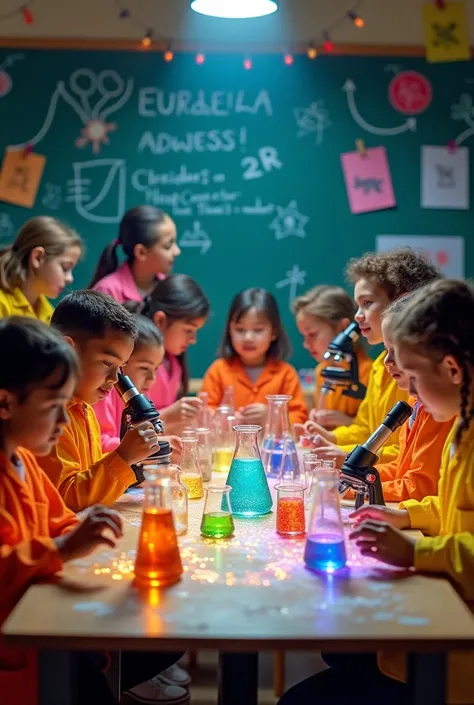 "Generate a vibrant and colorful image representing the EUREKA science and technology contest. In the center of the image, shows a laboratory table full of flasks, test tubes, and experimental materials. Around the table, there are several children of diff...