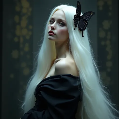 "Snow White Witch" with long white hair and beautiful skin. Only her intelligent eyes and black dress.. Her eyelashes are white., long straight hair reached down to her back and was just as white, and also her skin, and in her hair there was a black butter...