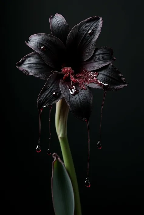 Lightly black background, a black Amaryllis with a few blood drops and enveloped by a kind of black liquid that hangs like strands around the image and the flower