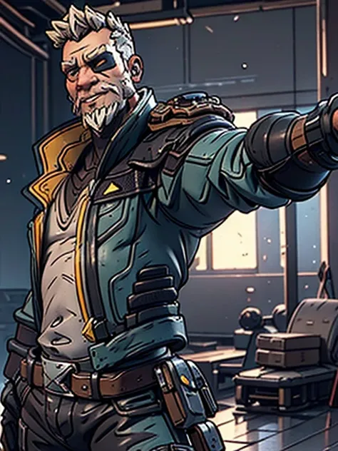 An elderly man with white hair, bounty hunter, leather jacket, smiling, eye patch, high resolution, 4k, cinematic detail and lighting.