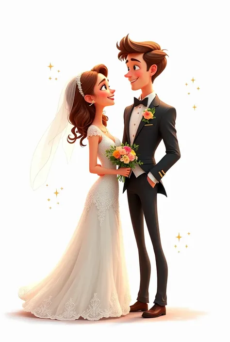 groom and bride at their wedding pixar style white background