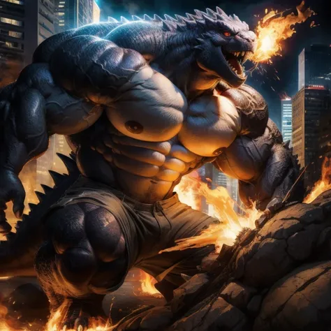 furry growth, hyper growth, hyper muscles, godzilla, shirtless, white shorts, muscular, destroying a city by spitting fire