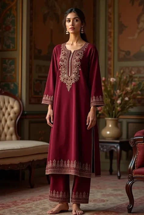 A woman wear a wine colour woolen kurti on gold Printed design and wine p.js on gold print on toe side more things 