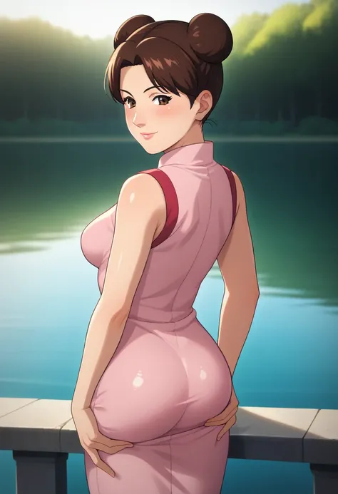 score_9,score_8_up,score_7_up,score_6_up,score_5_up,score_4_up BREAK skinny, medium breasts ,shiny skin,bokeh,bloom,light particles, outdoors, river,1girl, clear eyes, Tenten, brown hair with two buns, brown eyes, medium lips, pink lips, mature female, ((p...