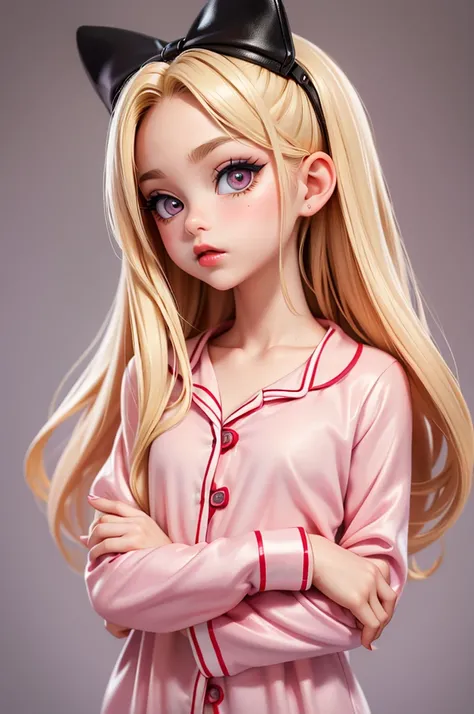 hyperrealistic 14 year old american teen, blonde, little, perfect tiny body, sexy, dark makeup, perfect slim face, big red lips, very cute face, tiny body, big eyes, young looking, childish looking, SEXY pijama
