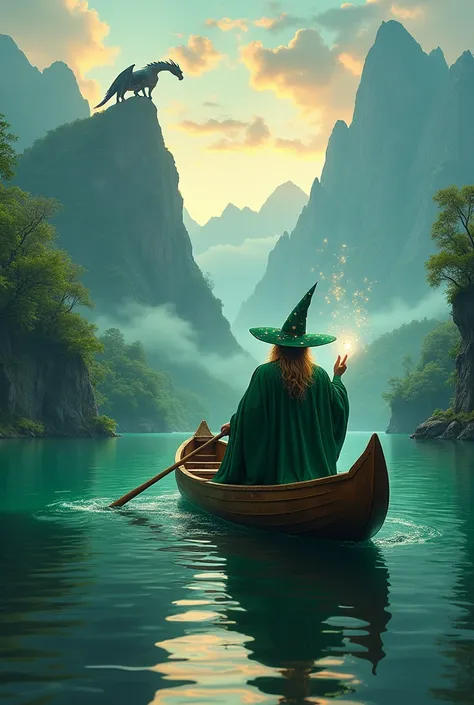 A wizard in a canoe paddling towards a mountain with a dragon waiting. 