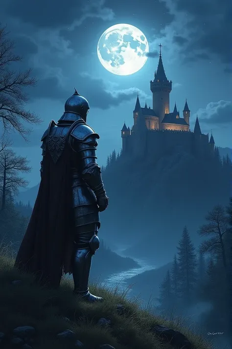 A knight gazing at a castle on the horizon under the moonlight