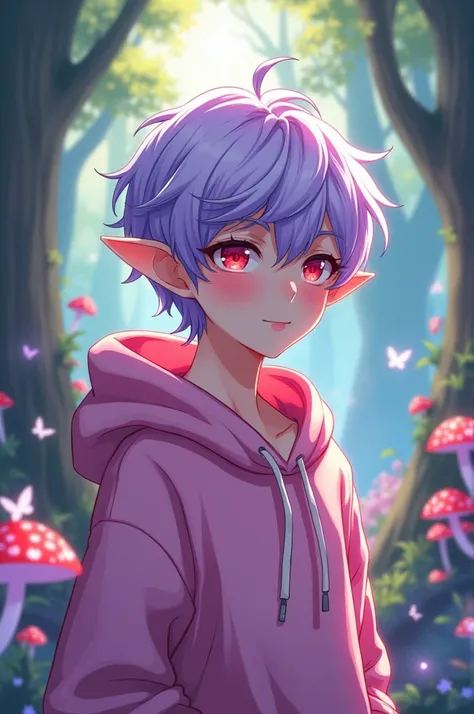 Anime character: male elf, short light purple hair, red eyes, wearing a pink hoodie.