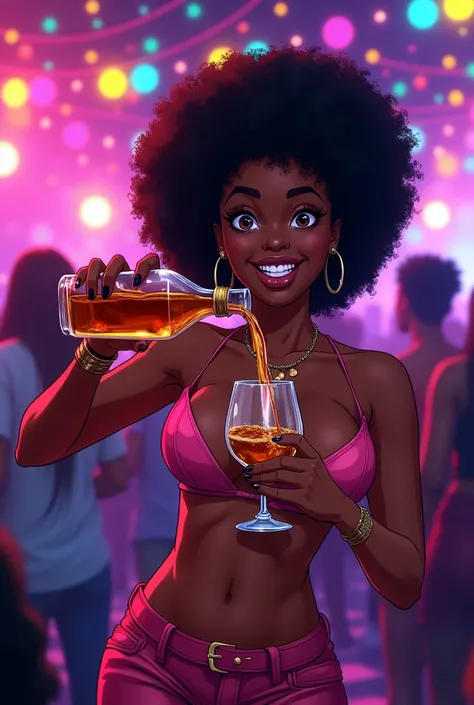 A 2D anime of a Brazilian Black woman with large breasts at a funk party, holding a bottle of whiskey in one hand, pouring it into a glass with a straw.  