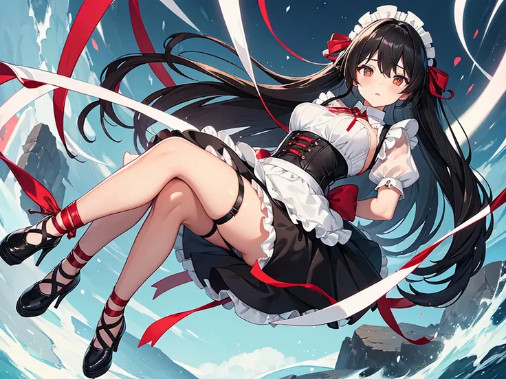 (limbs bound and restrained with red ribbons:1.3), (restrained behind back:1.2), masterpiece, best quality, extremely detailed, anime, 1girl solo girl, longhair, black hair, brown eyes, french maid, laced corset with black lacing, erotic, white underbust, ...