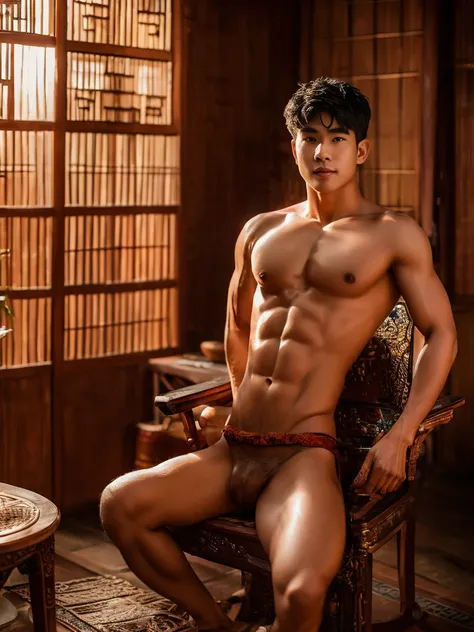 ancient thai style house, shirtless young man in ancient Thailand loincloth sitting on chair, surrounded by traditional thai elements on wooden floor, natural light, photorealistic, ultra-detailed, cinematic lighting, intricate details, warm color tones, d...