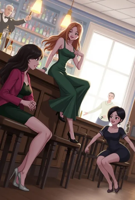 Three women waiting at the bar counter、shopkeeper、