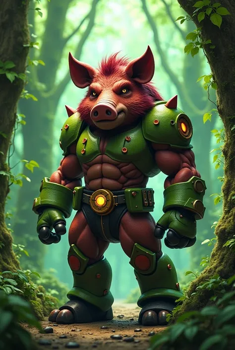 MegaMan X style humanoid boar, marrom e Verde, fully body, 4K, cyber, dense forest background, laser boar energy traps.