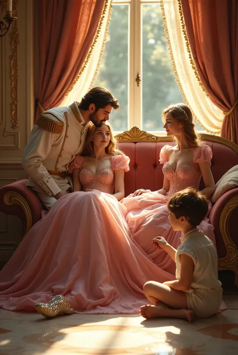 Princess sitting on sofa one prince stand beside her and kiss her forehead , second prince kiss her hand  , third prince sit on the floor next to his sister and touch her shoe ... Beautiful 