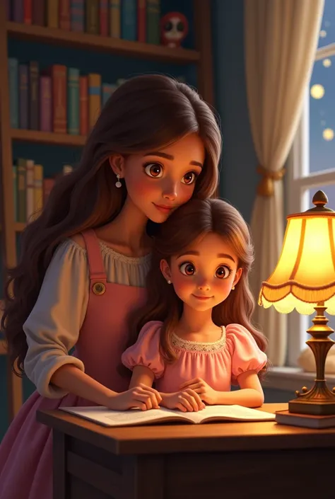 Portrait of a mother standing watching a child in a pink dress studying by the light of a lamp at night(10 year old 
girl). disney 
cartoon type 