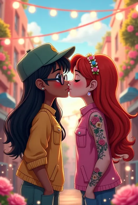 pixar design, Two female teenagers , una de pelo long negro, with glasses and cap, brown skin, another with red hair , long, with tattoos, White skin, pink military style clothing, kissing 