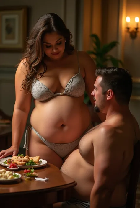 A very dominant woman force-fed her boyfriend until he became fat. The man was tied up and fed until his stomach was soft and big, every roll of fat was clearly visible.and her make him 400 pound,The woman only wore a bikini so her toned body looked very c...