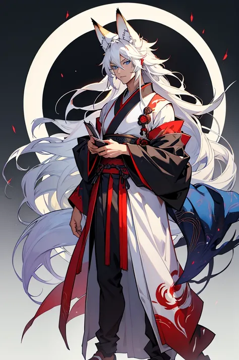 Kitsune in human male form(basically just the fluffy fox ears and 3 long fluffy tails) . Steel blue eyes long white hair(past the shoulders) with red accents. Wears a Kimono(colour how you feel it would be right). The background is a dark library. Characte...