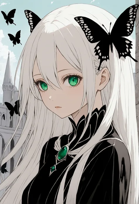 "Echidna - White Witch" with long white hair and beautiful skin. Just her smart eyes and black dress.. Her long straight hair reached her back and was just as white., eyelashes and eyebrows were white and expressionless, and also her skin, and in her hair ...