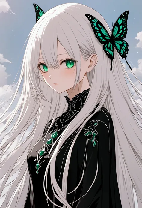 "Echidna - White Witch" with long white hair and beautiful skin. Just her smart eyes and black dress.. Her long straight hair reached her back and was just as white., eyelashes and eyebrows were white and expressionless, and also her skin, and in her hair ...