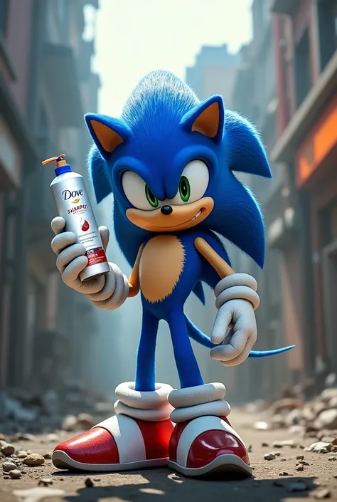 Sonic holding a bottle of Dove Shampoo and a Seda Shampoo in the style of Elite Squad