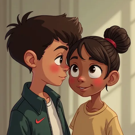 Disney A light-skinned teenage boy with a low taper fade haircut measures textured fade, Nike jacket
A teenage girl with tied hair and bangs, beige shirt, Disney brunette
