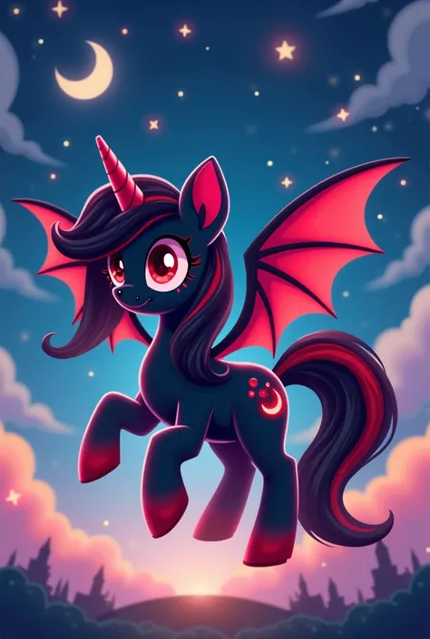 Black pony with red bat wings, Bat ears with red tips. The mane is black and red.. Cartoon girl with red glasses NO HORNS cutie mark of a red moon, she has NO HORN 