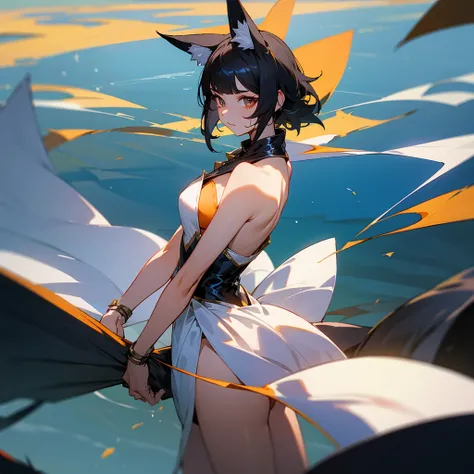 Zerofall, female version with wild short black hair, with fox ears and tail and a revealing bunny costume, looking to the side
