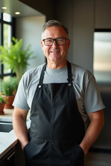 To make a man with a black kitchen apron, 54 years old, short straight hair and glasses 